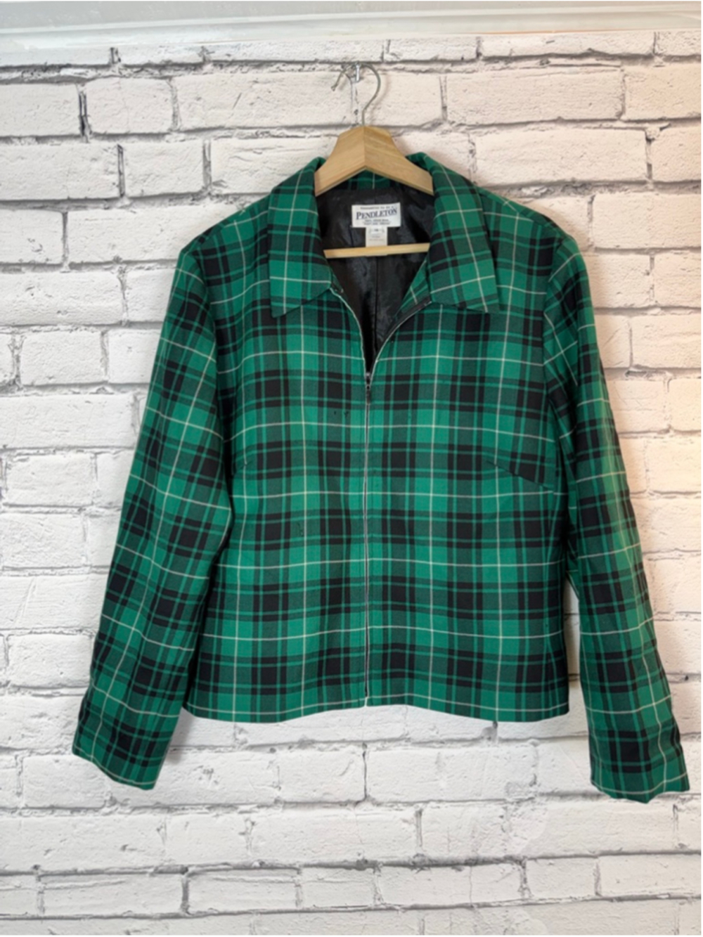 Women's Pendleton Green & Black Plaid Wool Blazer Bomber Jacket Size 16 VINTAGE